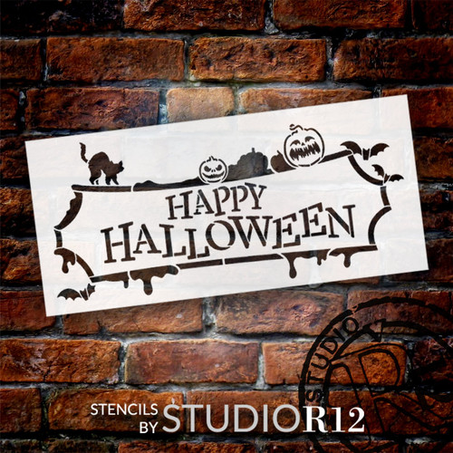 Happy Halloween Sign Stencil by StudioR12 | Jack-O-Lantern Bats Black Cat | Craft DIY Halloween Home Decor | Paint Indoor Wood Signs | Select Size