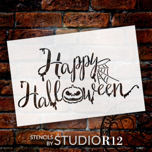 Script Happy Halloween Stencil with Jack-o-Lantern by StudioR12 | Craft DIY Halloween Decor | Pumpkin Carving | Paint Porch Wood Signs | Select Size