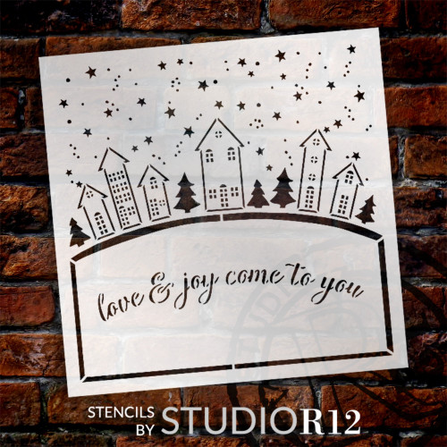 Love and Joy Come to You with Skyline Stencil by StudioR12 - Select Size - USA Made - Craft DIY Christmas Living Room Decor | Paint Winter Wood Sign