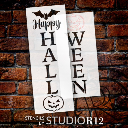 Vertical Happy Halloween Tall Porch Sign Stencil by StudioR12 - 4 ft - USA Made - 2 Part | Craft DIY Autumn Patio Decor | Paint Fall Wood Porch Leaner