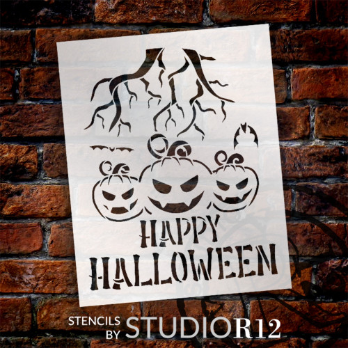 Happy Halloween w/ Scary Pumpkins & Bats Stencil by StudioR12 - Select Size - USA Made - Craft DIY Spooky Fall Home Decor | Paint Entryway Wood Sign