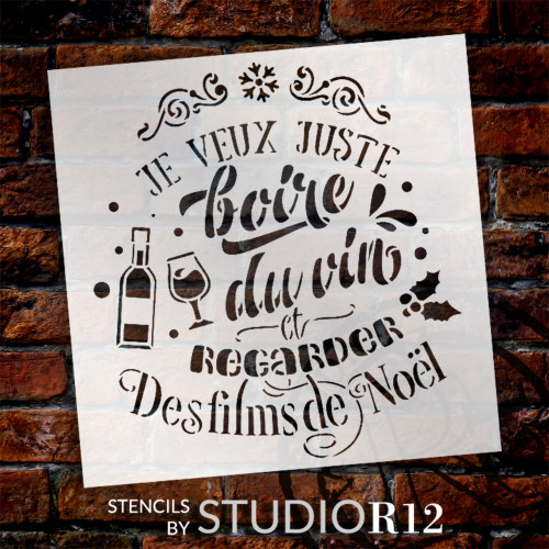 Boire du Vin Films de Noel French Stencil by StudioR12 - Select Size - USA MADE - Craft DIY Wine Theme Living Room Decor | Paint Christmas Wood Sign