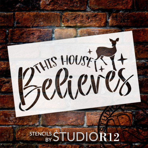 This House Believes w/ Deer & Stars Stencil by StudioR12 - Select Size - USA Made - Craft DIY Farmhouse Christmas Home Decor | Paint Holiday Wood Sign