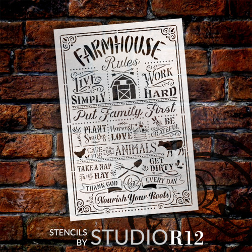 Farmhouse Rules Stencil by StudioR12 - Select Size - USA Made - Craft DIY Farmhouse Home Decor | Paint Wood Sign for Living Room, Kitchen | Reusable Mylar Template