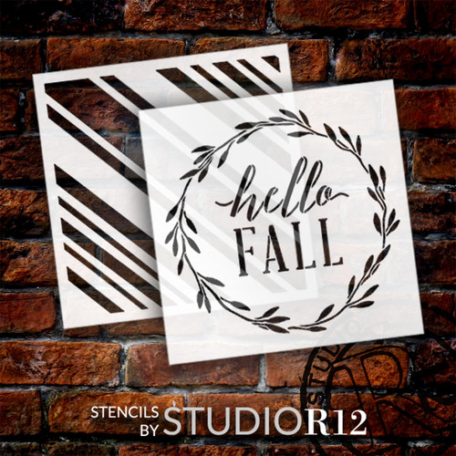 Hello Fall with Wreath & Plaid Stencil Set by StudioR12 - Select Size - USA Made - DIY Autumn Seasonal Wall Decor | Craft & Paint Farmhouse Signs