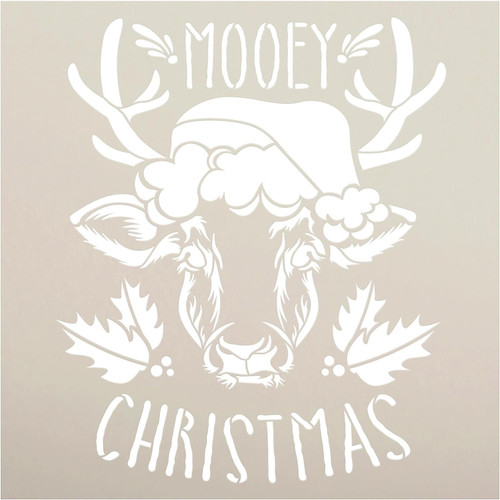 Mooey Christmas Stencil with Santa Hat & Antlers by StudioR12 - Select Size - USA Made - DIY Farmhouse Cow Head Decor - Paint Rustic Holiday Wood Signs STCL7113