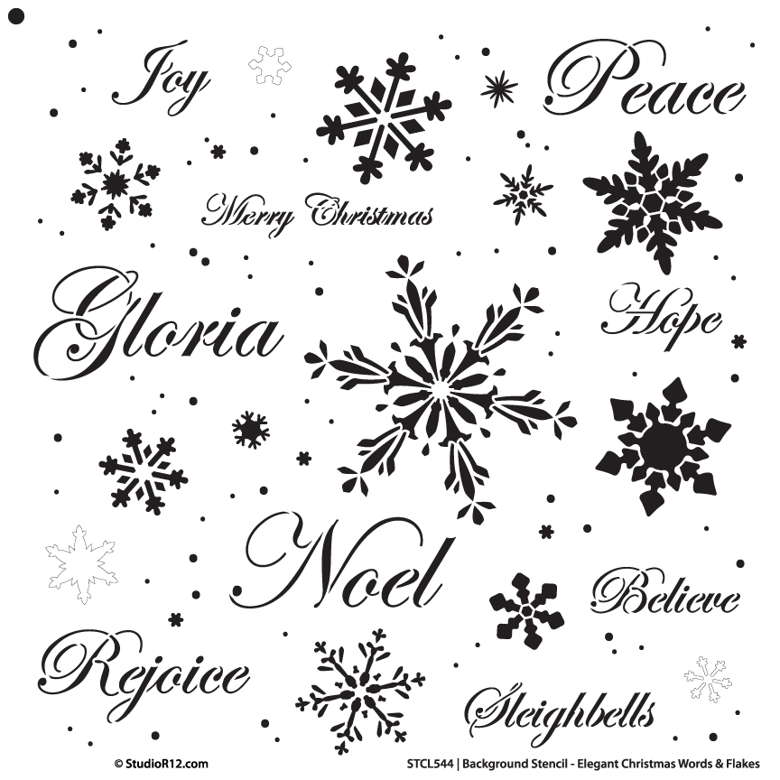 Background Words Stencil - Elegant Christmas Words & Snowflakes - 14" x 14"