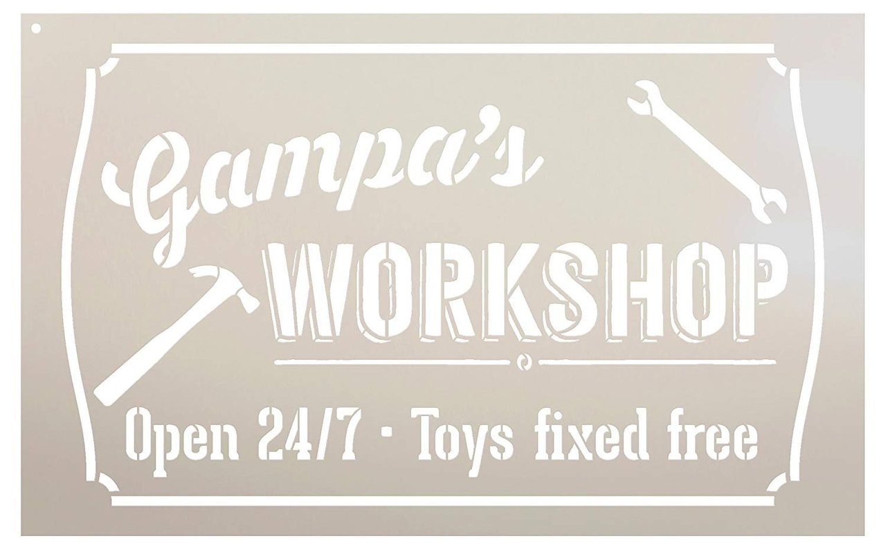 Gampa's Workshop - Open 24/7 Sign Stencil by StudioR12 | Reusable Mylar Template | Use to Paint Wood Signs - Pallets - DIY Grandpa Gift - Select Size