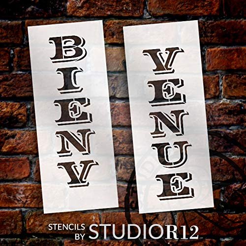 Bienvenue - Vertical Stencil - 2 Part - by StudioR12 | Reusable Mylar Template | Use to Paint Wood Signs - Walls - Pallets - DIY Home French Welcome Decor - Select Size