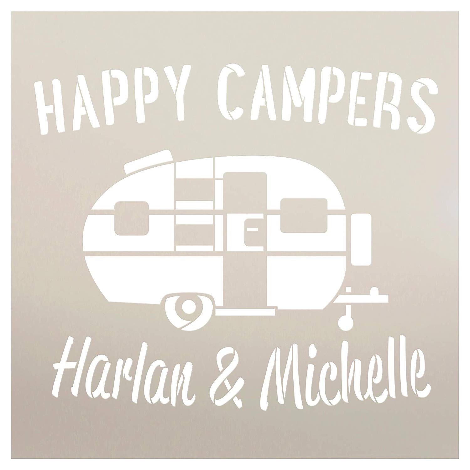 Personalized Happy Campers Stencil | Custom First or Last Names | DIY Fun Retro Camping Decor | Family Outdoor Vintage Word Art | Craft & Paint Wood Signs | Reusable Mylar Template | Select Size