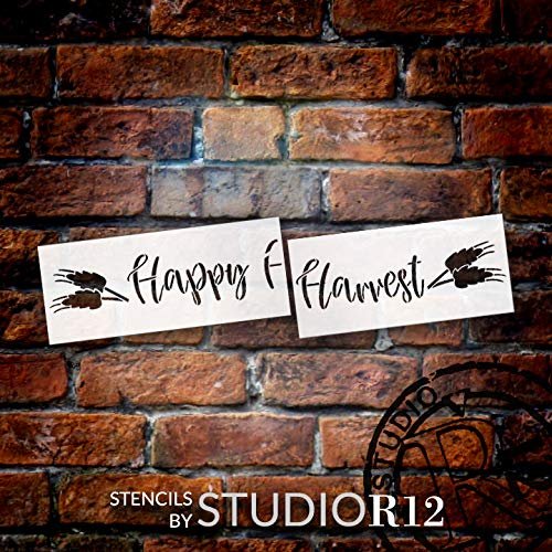 Happy Harvest 2-Part Stencil with Wheat by StudioR12 | DIY Fall Outdoor Home Decor | Autumn Script Word Art | Craft Paint Wood Signs | Reusable Mylar Template | 4ft Horizontal Porch & Patio Decoration