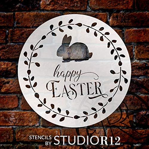 Happy Easter Round Stencil with Bunny by StudioR12 | DIY Spring Wreath Home  Decor | Cursive Script Word Art | Craft & Paint Farmhouse Wood Signs 