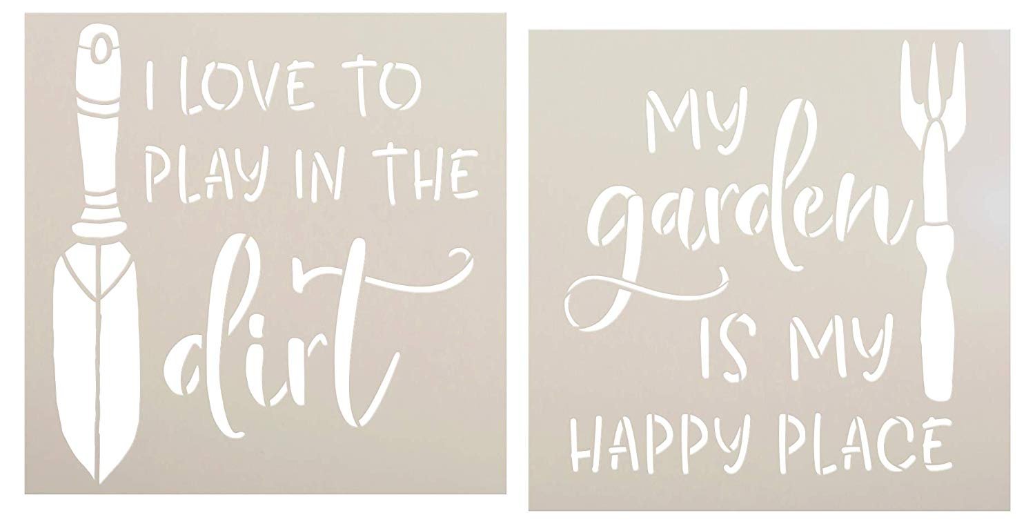 Garden Happy Place Stencil Set by StudioR12 | Pack of 2 | DIY Fun Outdoor Spring Backyard Home Decor | Hand Rake & Trowel Word Art | Craft & Paint Wood Signs | Mylar Template | Size