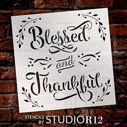 Blessed and Thankful Stencil with Branch by StudioR12 | DIY Farmhouse Fall Script Home Decor | Craft & Paint Autumn Signs | Select Size