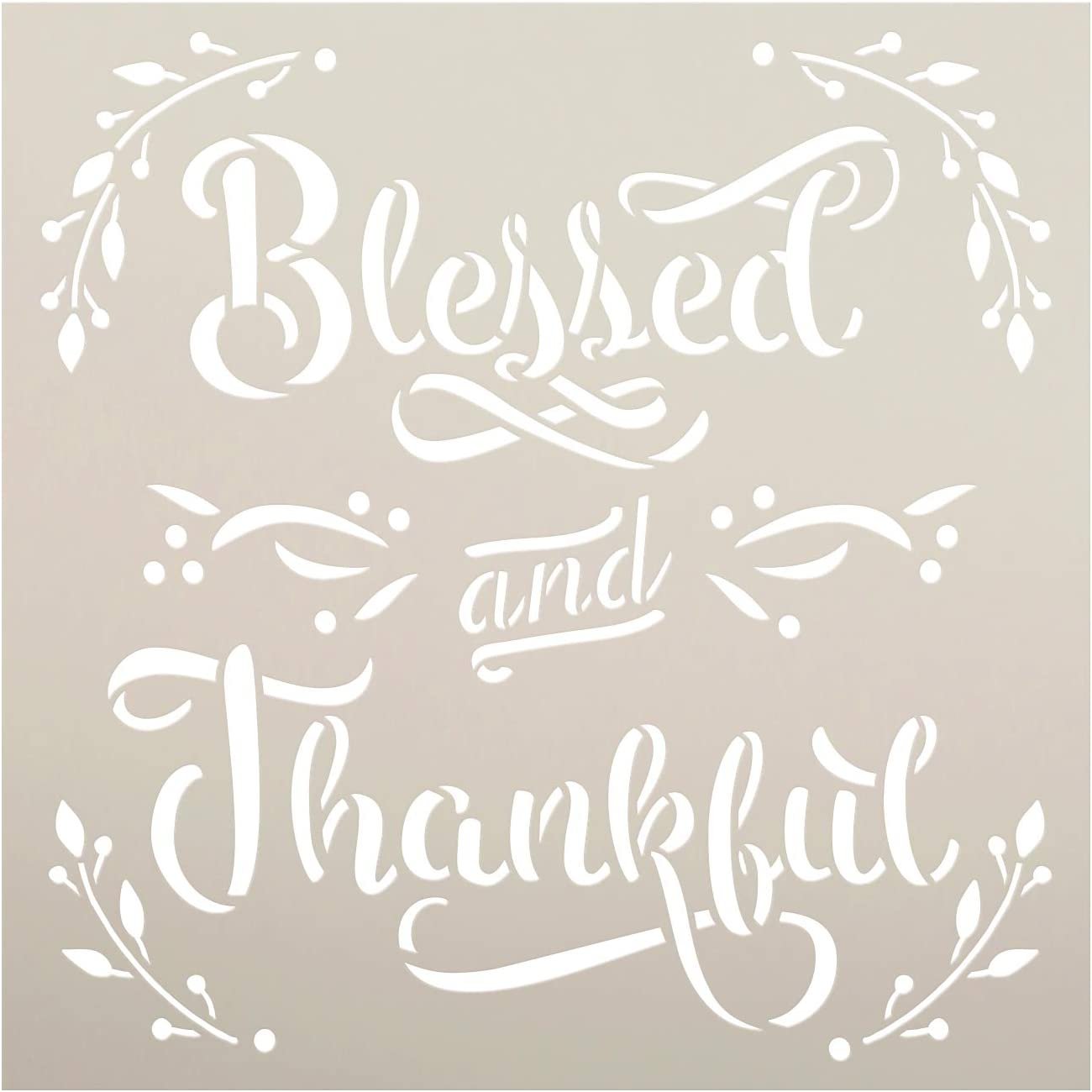 Blessed and Thankful Stencil with Branch by StudioR12 | DIY Farmhouse Fall Script Home Decor | Craft & Paint Autumn Signs | Select Size