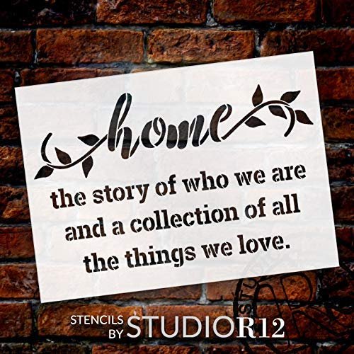 Home - Story of Who We are - Collection of Things We Love Stencil by StudioR12 | Reusable Mylar Template Paint Wood Sign | DIY Rustic Decor Craft Cursive Script Laurel | Select Size
