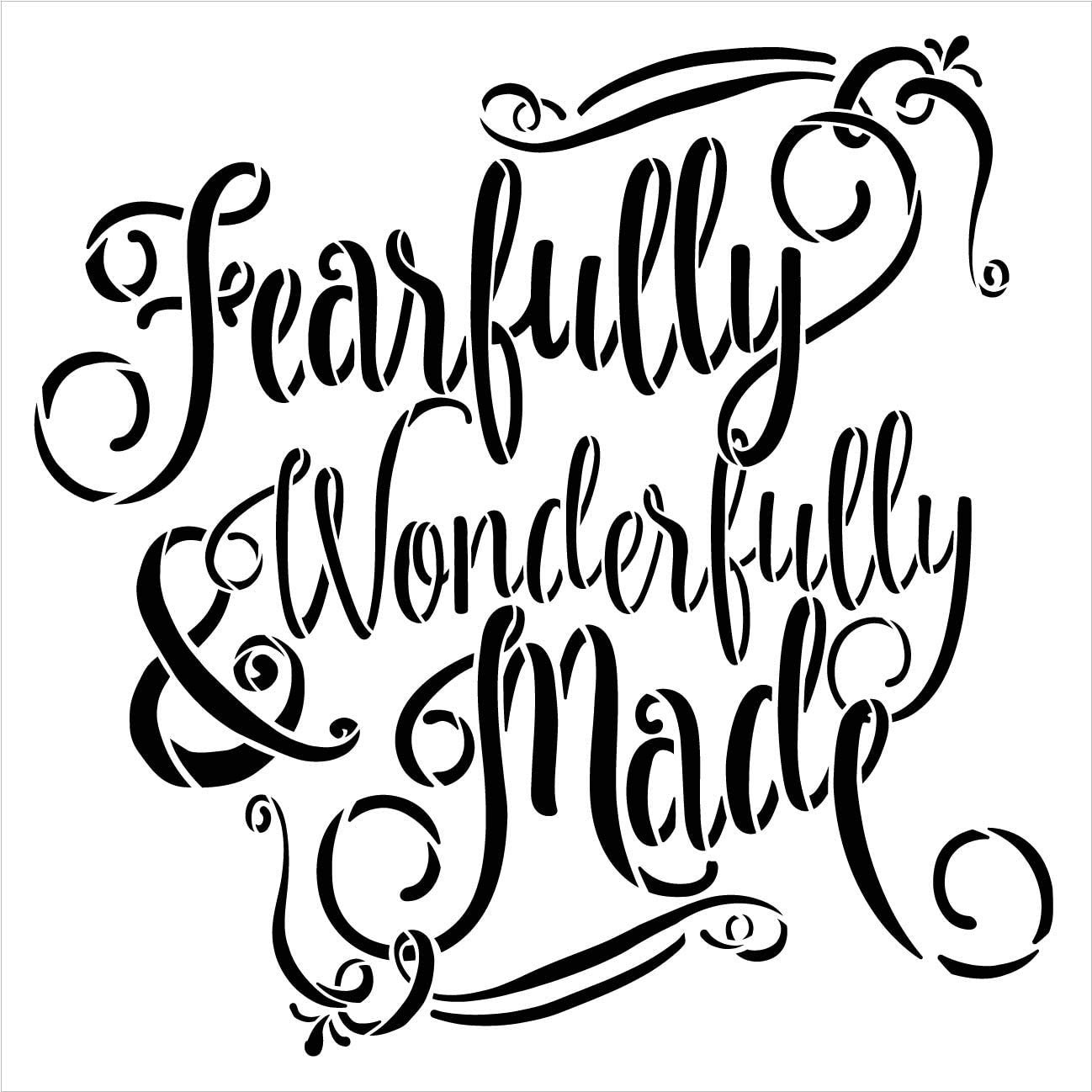 Fearfully & Wonderfully Made Stencil by StudioR12 | DIY Faith Home Decor | Craft and Paint Wood Sign | Reusable Mylar Template | Bible Verse Cursive Script Gift | Select Size