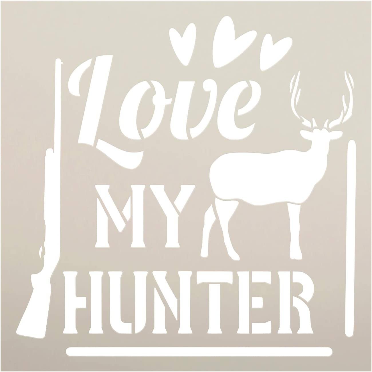 Love My Hunter Stencil by StudioR12 | DIY Deer Nature Gun Heart Home Decor Gift | Craft & Paint Wood Sign | Reusable Mylar Template | Select Size