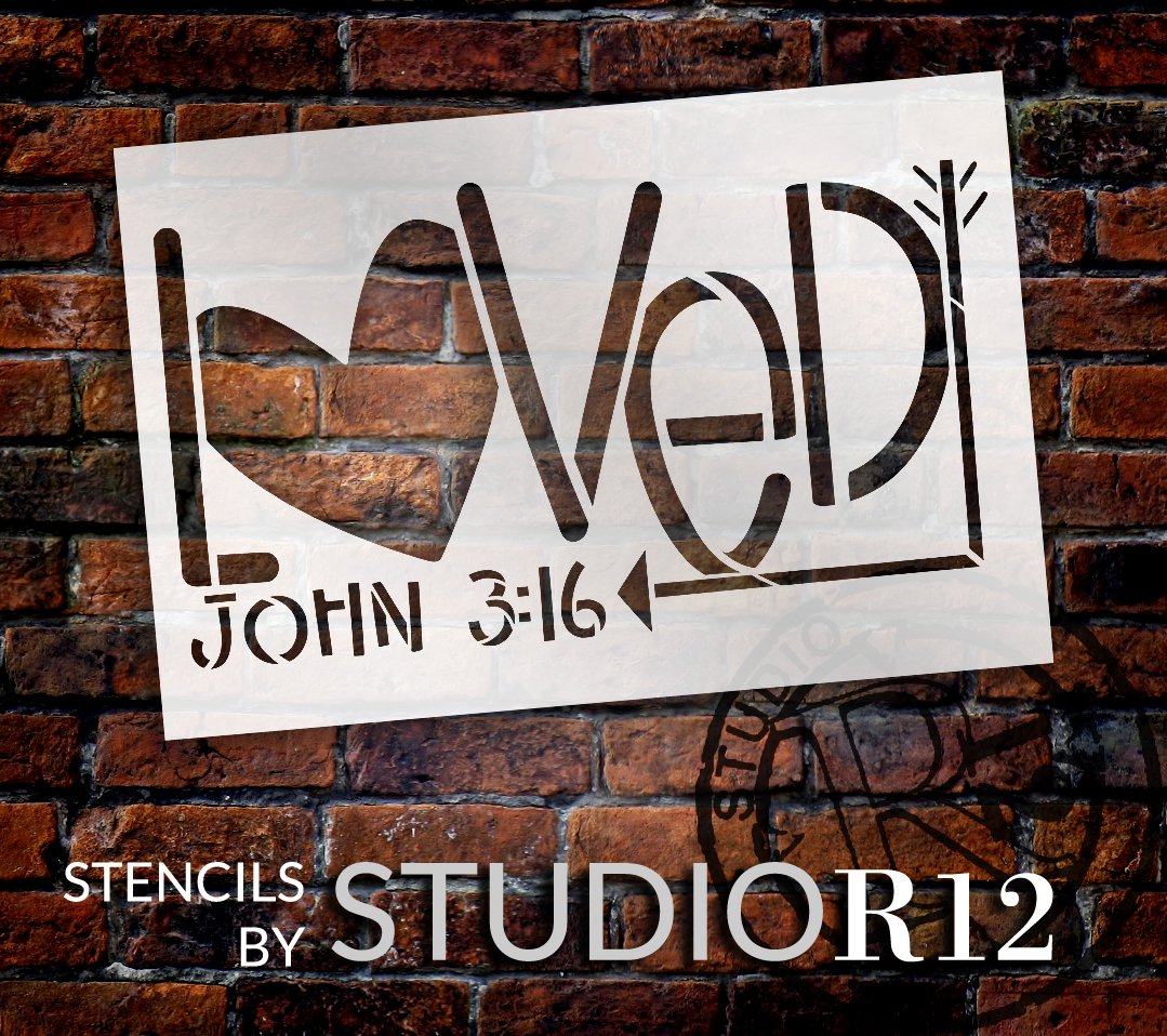 Loved John 3:16 Stencil with Heart & Arrow by StudioR12 | DIY Faith Home Decor | Craft & Paint Valentine's Wood Signs | Select Size