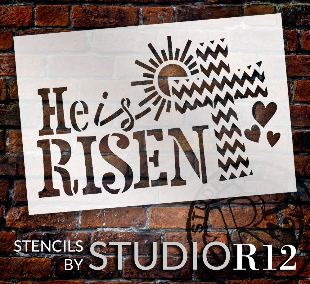 He is Risen Stencil with Chevron Cross by StudioR12 | DIY Spring Farmhouse Home Decor | Craft & Paint Faith Wood Signs | Select Size