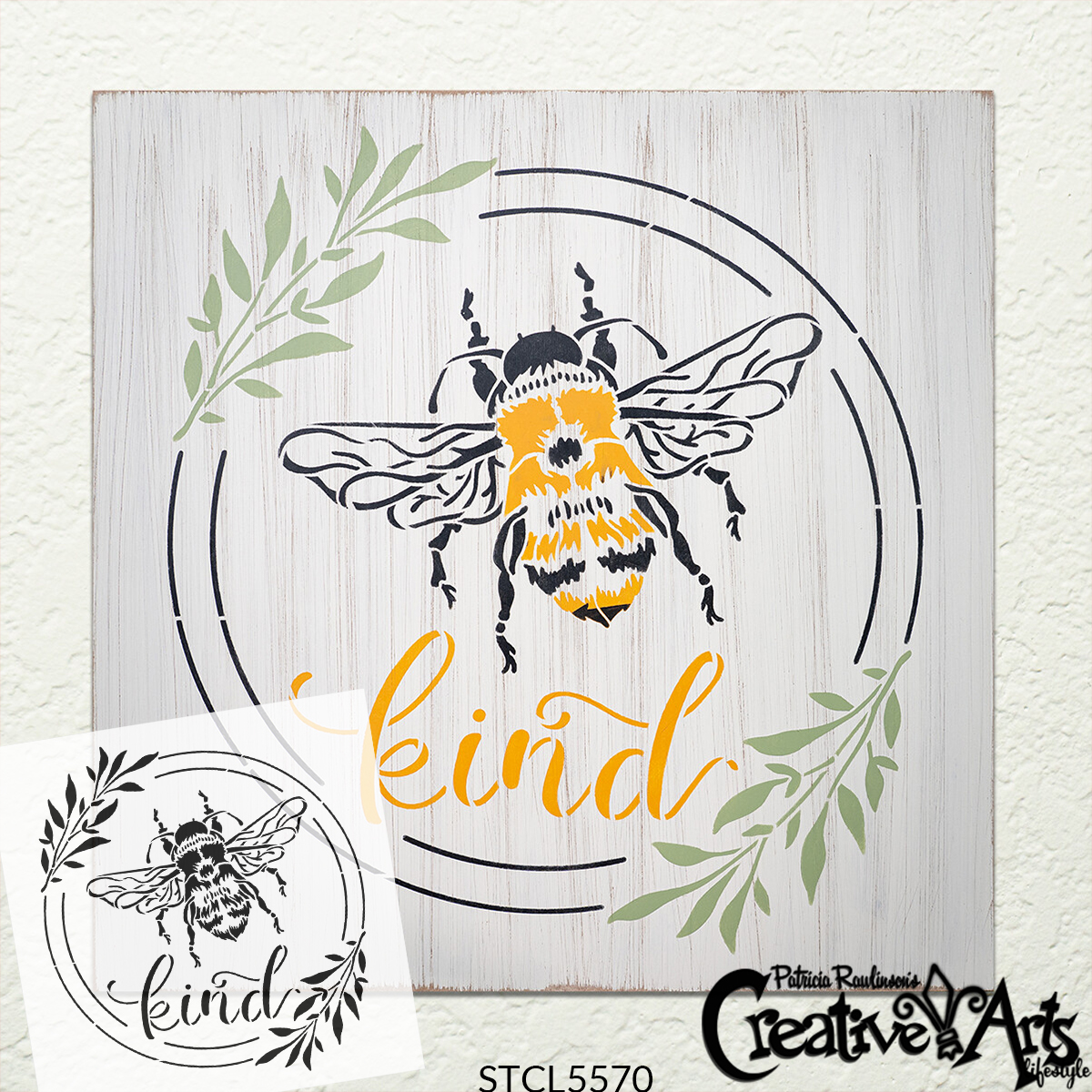 Bee Kind Stencil with Laurels by StudioR12 | DIY Spring Farmhouse Home Decor | Craft & Paint Inspirational Wood Signs | Select Size