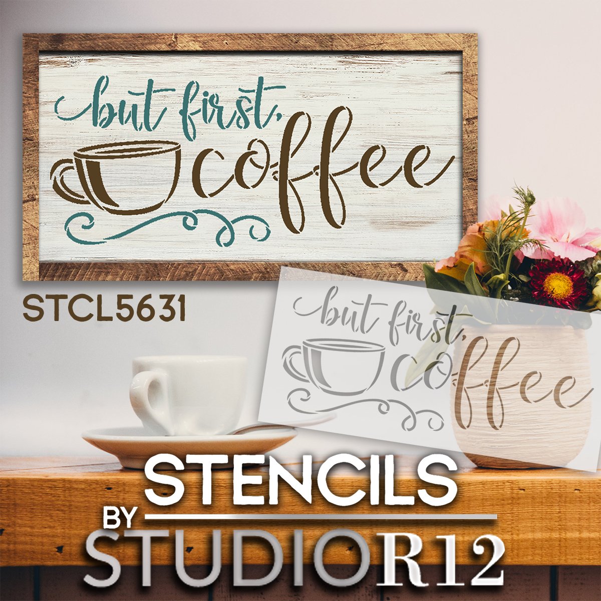 Coffee, Tea Cup, & Leaf Art Stencil by StudioR12, Reusable Teacup Template, Painting Ideas, Craft DIY Kitchen Decor, Paint Wood Sign