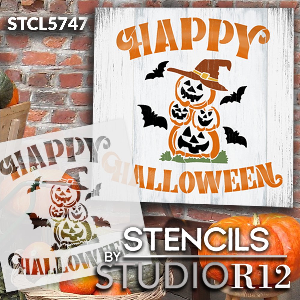 Happy Halloween Stencil by StudioR12 | Pumpkin Witch Hat Bats | DIY Fall Home Decor | Craft & Paint Wood Sign | Reusable Mylar Template | Select Size