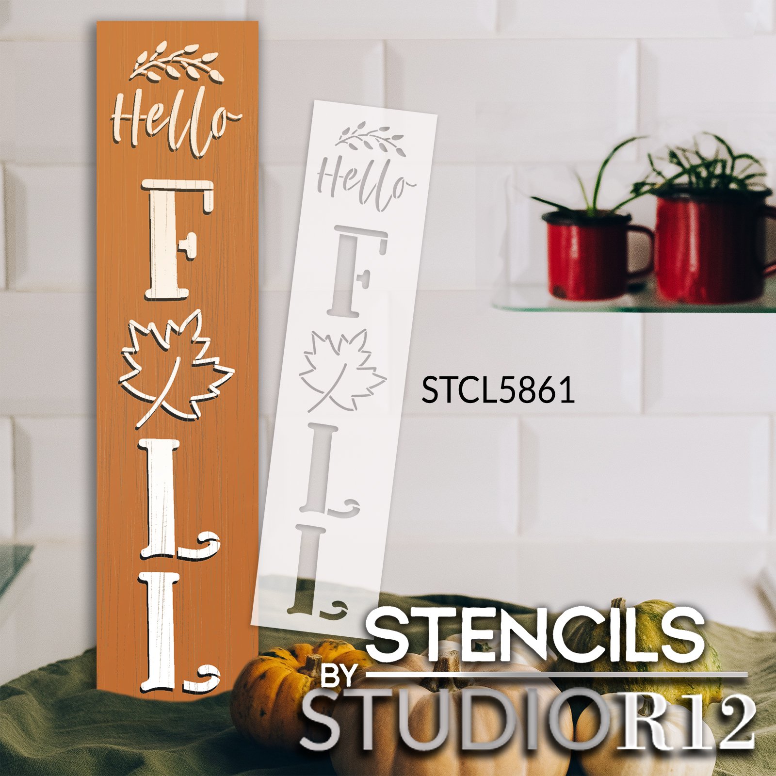 Hello Fall Stencil by StudioR12 | DIY Autumn Leaf Porch Leaner Home Decor | Craft & Paint Vertical Wood Sign | Reusable Mylar Template | Select Size