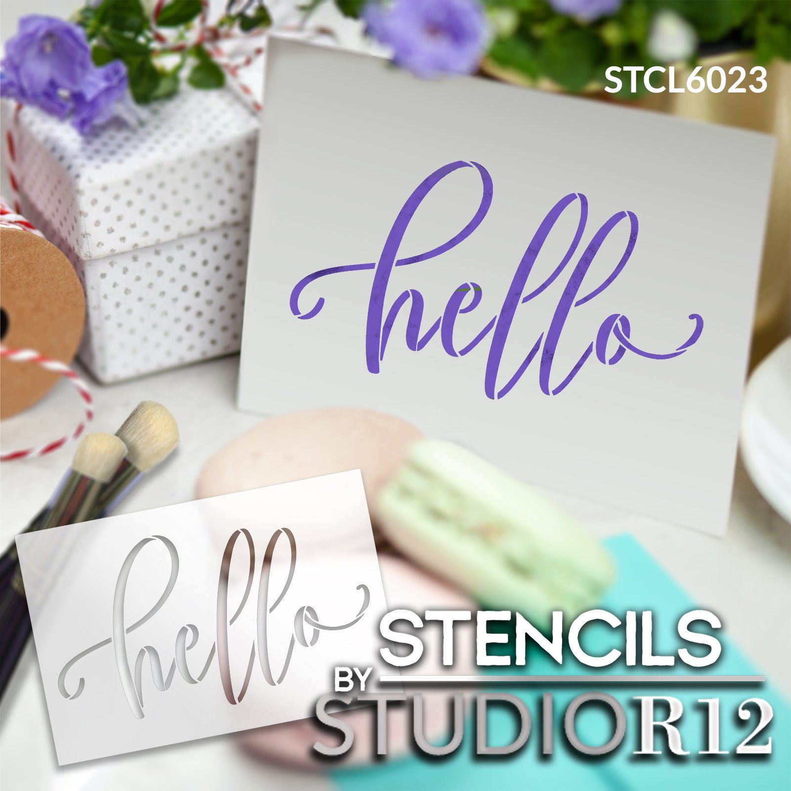 Simple Hello Script Stencil by StudioR12 | Craft DIY Farmhouse Home Decor | Paint Welcome Wood Sign | Reusable Mylar Template | Select Size