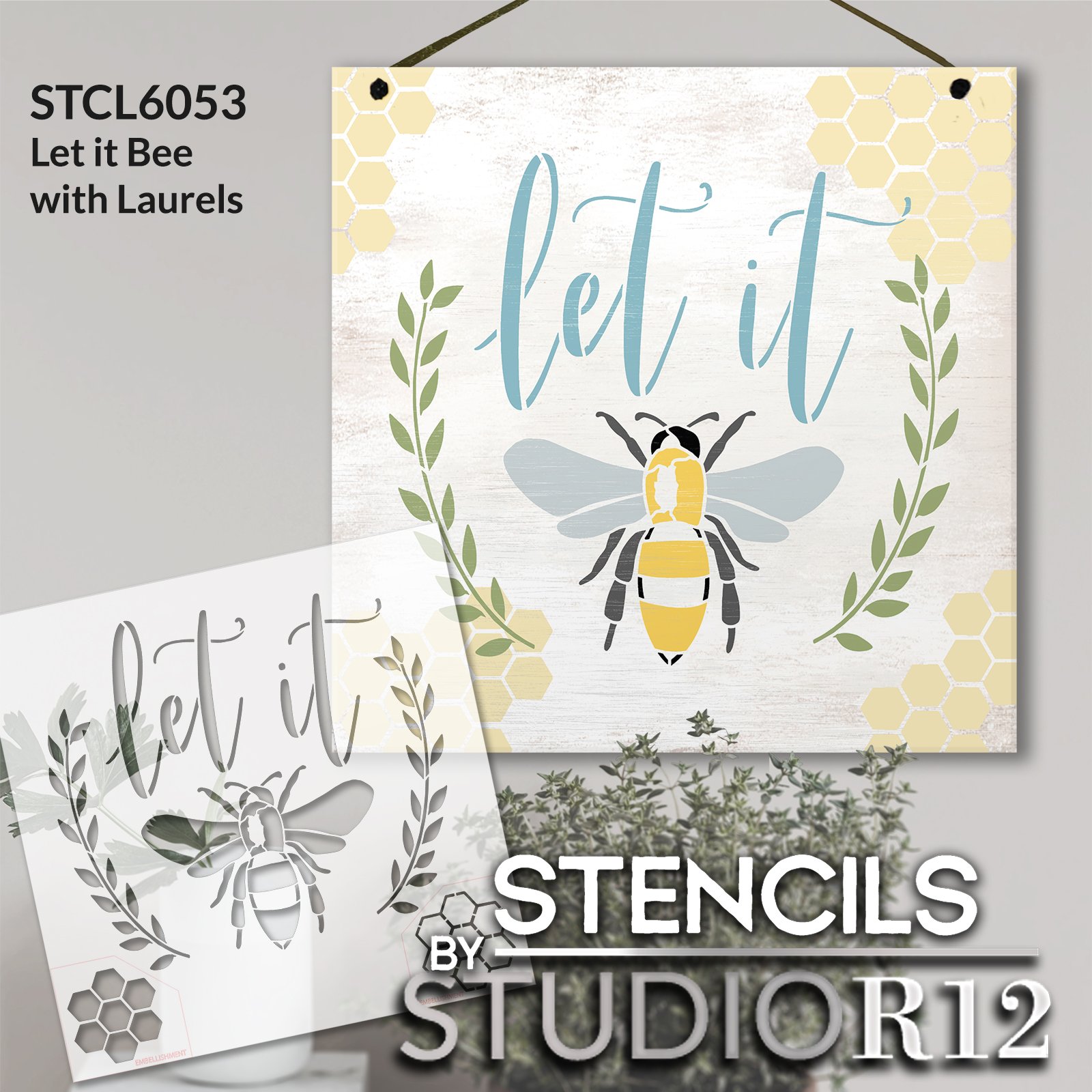 Let It Bee with Laurels Stencil by StudioR12 | Craft DIY Inspirational Home Decor | Paint Spring Wood Sign | Reusable Mylar Template | Select Size