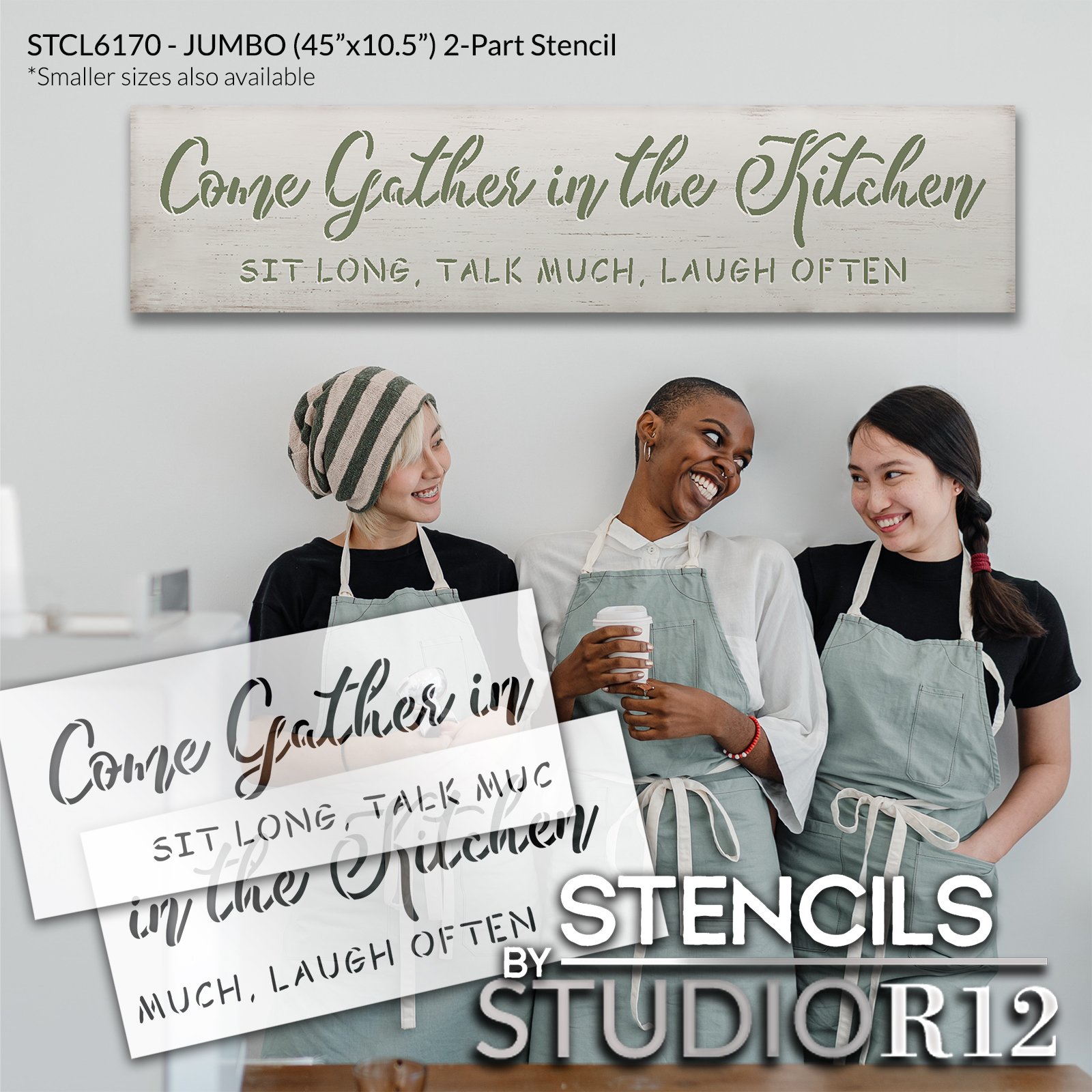 Come Gather in The Kitchen Stencil by StudioR12 | Sit Long Talk Much Laugh Often | Craft DIY Kitchen Decor | Paint Jumbo Wood Signs | Select Size