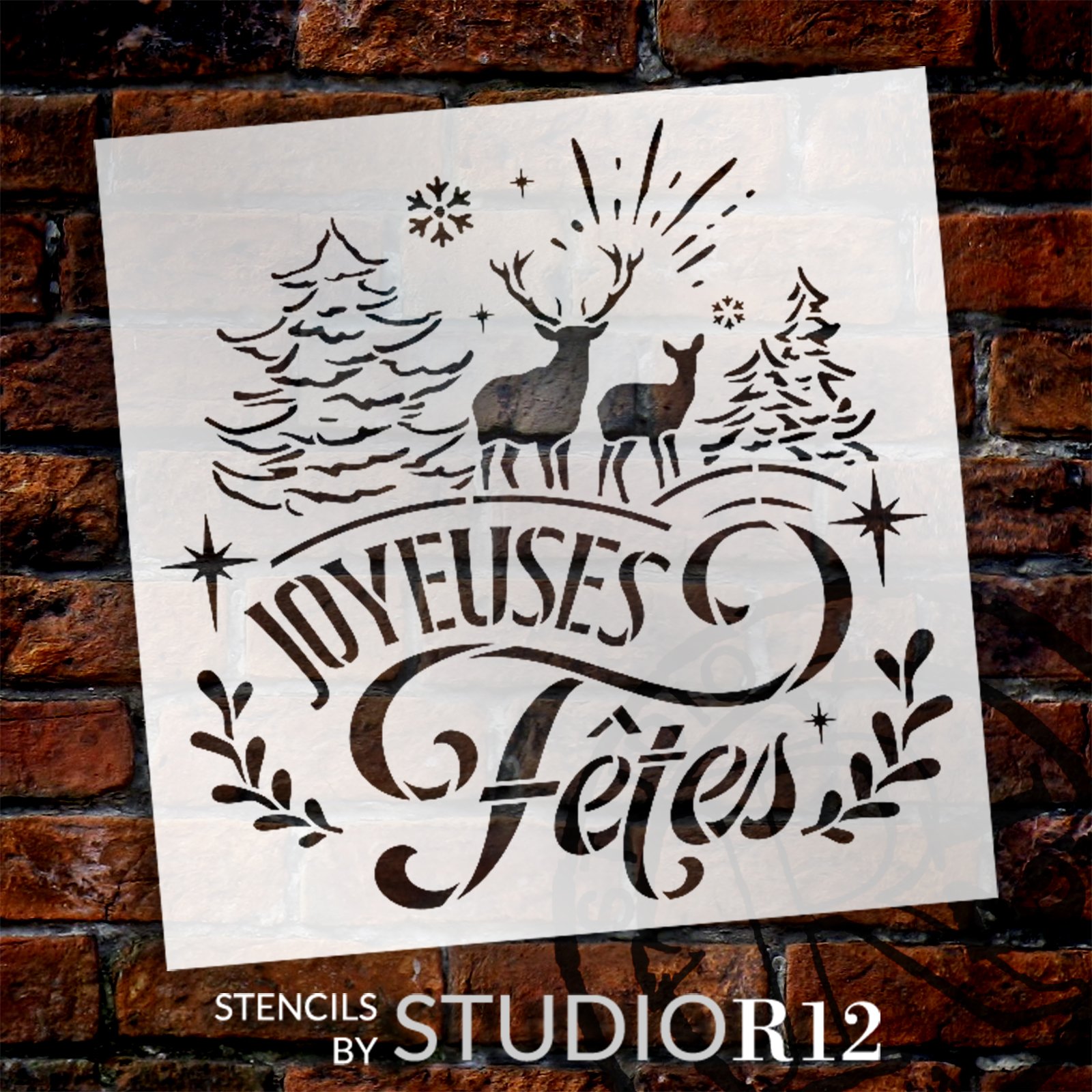 Joyeuses FÃªtes Stencil with Reindeer & Pine Trees by StudioR12 - Select Size - USA Made - Craft DIY Christmas Living Room Decor | Paint Wood Sign