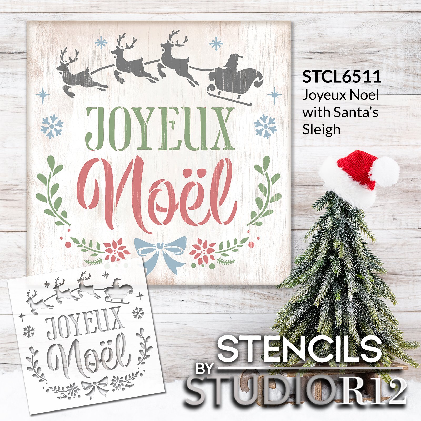 Joyeux Noel with Santa's Sleigh Stencil by StudioR12 - Select Size - USA  Made - Craft DIY Christmas Living Room Decor