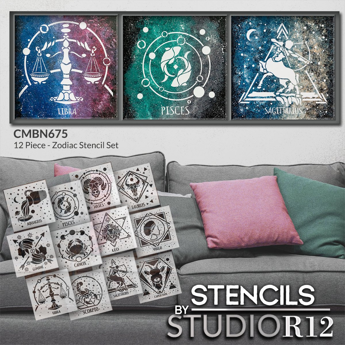Zodiac Sign Stencil Set by StudioR12 - Select Size - USA Made - DIY Star Sign Celestial Bedroom & Home Decor | Paint Boho Astrological Wood Signs | CMBN675