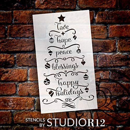 Christmas Tree Word Art Stencil by StudioR12, DIY Happy Holiday Home Decor, Craft & Paint Wood Sign, Reusable Mylar Template, Love Hope Peace  Blessing Gift