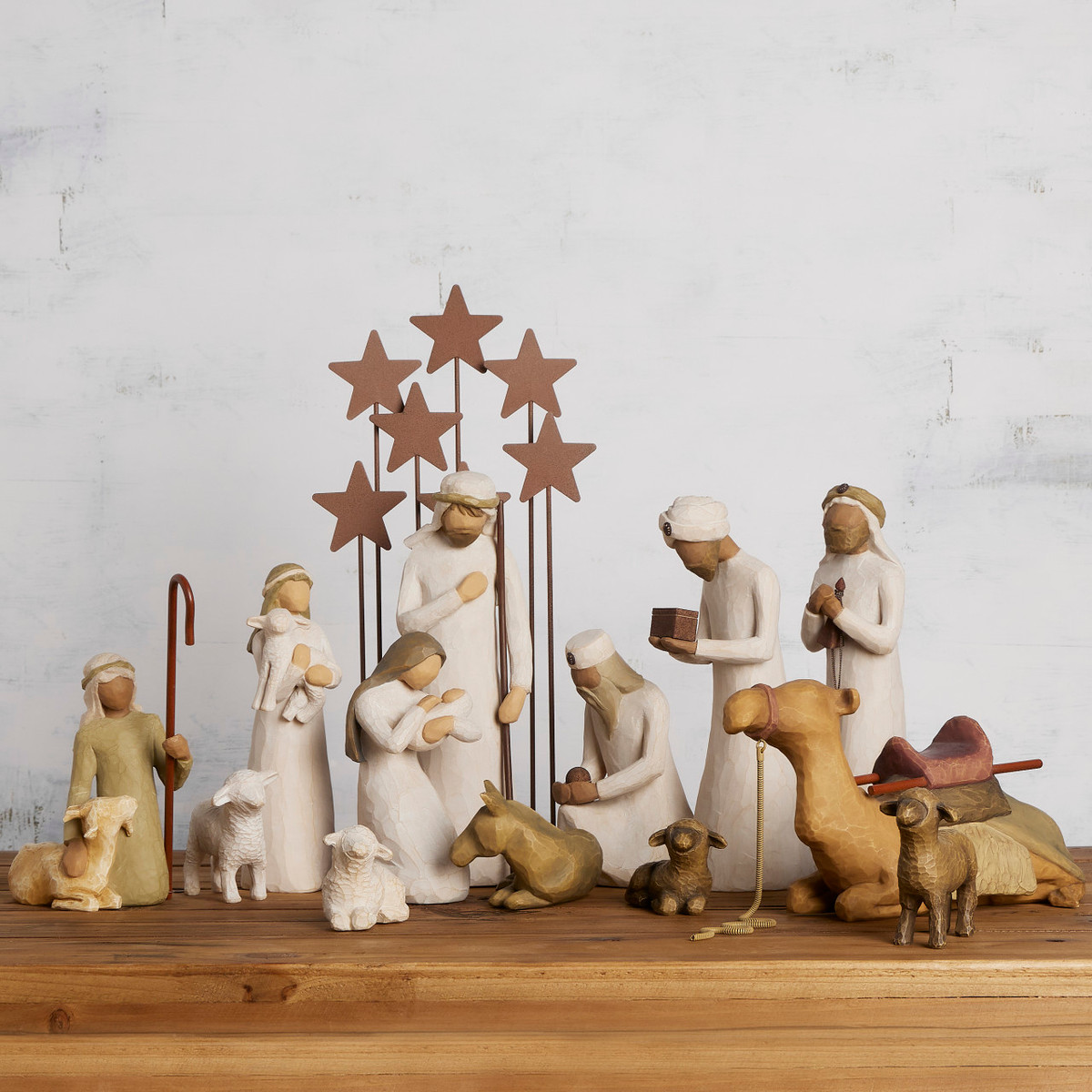 Nativity Starter Figures with The Three Wisemen plus Metal Stars, 14-piece Set