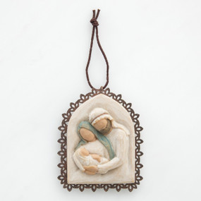 Hanging pendant - wooden branch outline - cream center with image of mary and joseph clutching baby