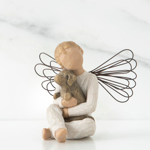 Smal angel boy faceless figurine sitting hold brown dog - wire wings