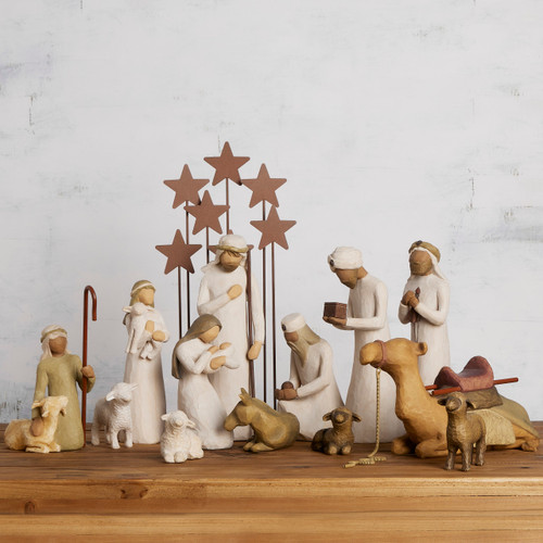 Nativity Starter Figures with The Three Wisemen plus Metal Stars, 14-piece Set