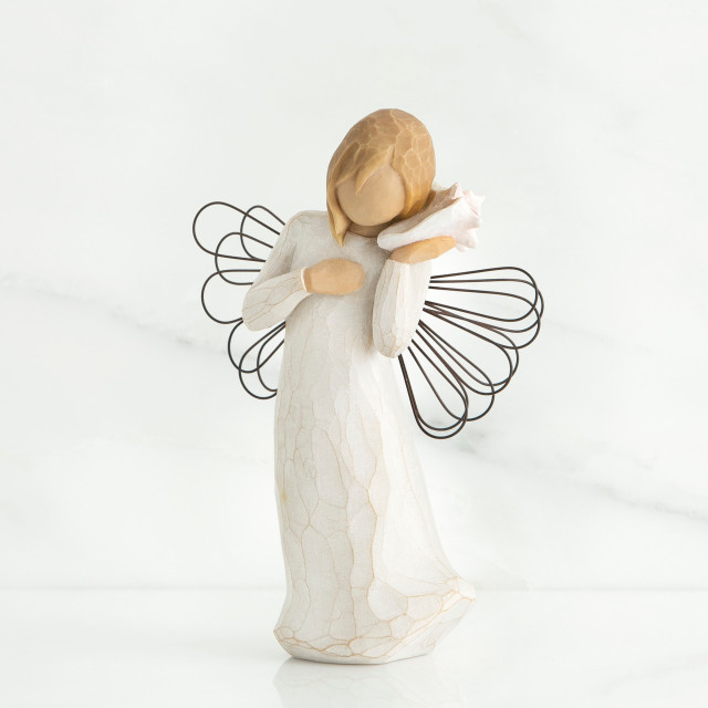 Blonde faceless girl holding white shell to her ear wearing white dress and black wire angel wings