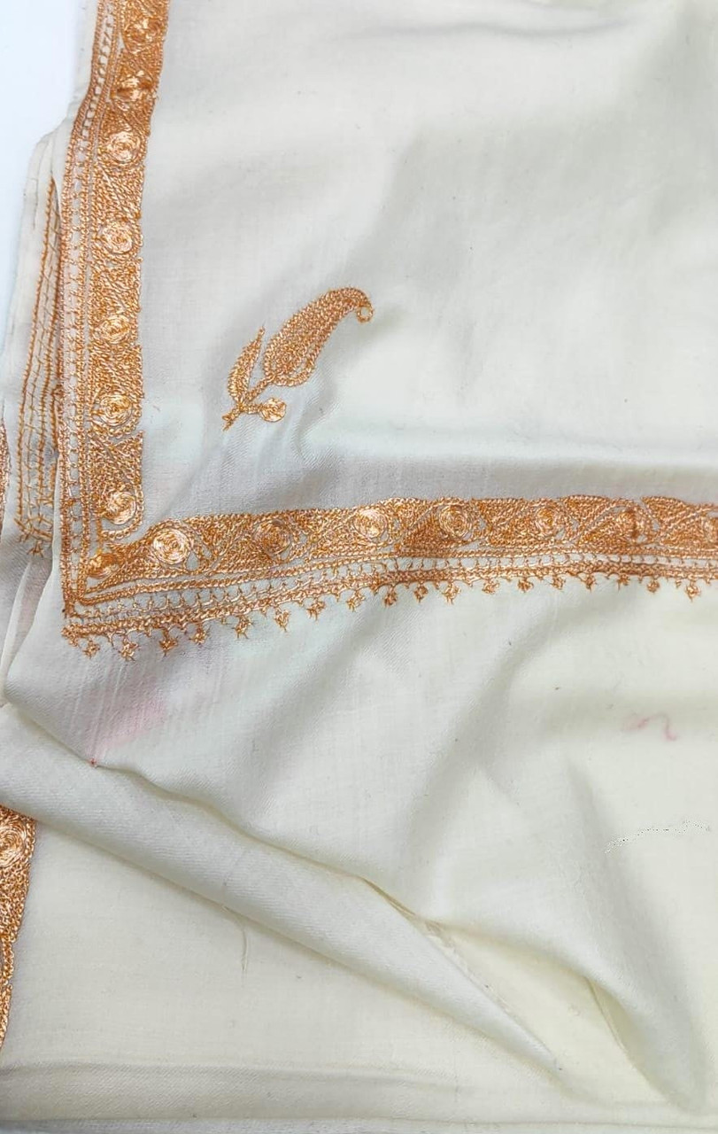 Embroidered Wool Shawl White, Gold 