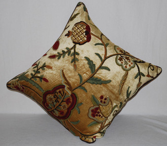 Crewel Hand Embroidered Velvet Cushion Throw Pillow Gold, Multicolor #CW526