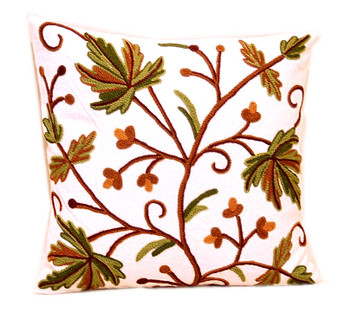 Crewel Cushions Embroidered Cotton Throw Pillows "Autumn Maple", Multicolor #CW321