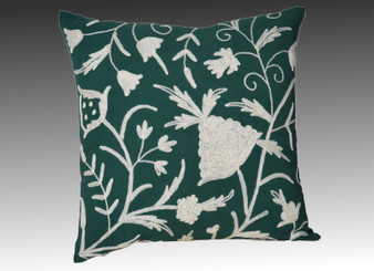 Ethnic "Aari" Embroidered Crewel Throw Pillow Cushion Cover "Tree of Life", White on Green #CW451