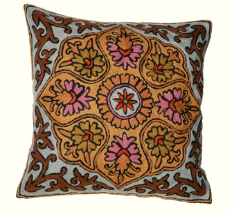 Kashmiri Ethnic Embroidered Crewel Wool Throw Pillow Cushion Cover, Multicolor #CW1006