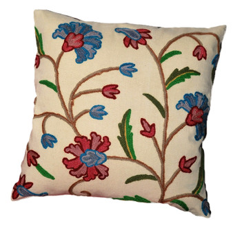 Cotton Crewel Embroidered Pillow Cushion Cover Beige, Multicolor #CW226