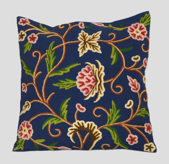 Crewel Hand Embroidered Throw Pillow Cushion Cover Navy, Multicolor #CW232