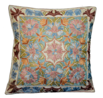 Crewel Hand Embroidered Silk Throw Pillow Cushion Cover, Multicolor #CW2012