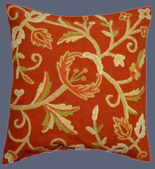 Kashmiri Ethnic "Aari" Embroidered Crewel Pillow Cushion Cover Rust, Multicolor #CW238