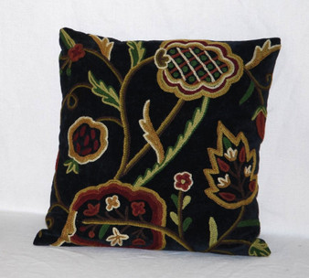 Crewel Embroidered Velvet Cushion Throw Pillow "Watlab" Black, Multicolor #CW501